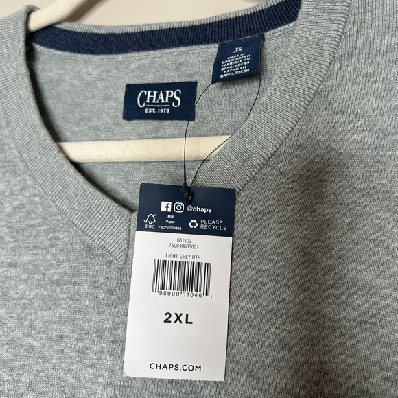 NWT Chaps Men's Light Heather Gray V Neck Sweater Vest Preppy Casual 2XL - Picture 5 of 8